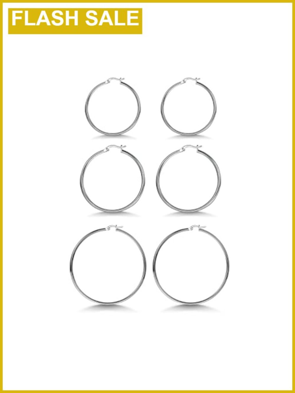 3 Pairs 925 Sterling Silver Hoop Earrings White Gold Plated Women 25mm 30mm 40mm